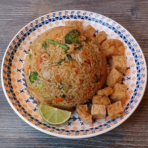 Vegan Lana Special Fried Rice + Crispy Tofu: fried rice w/ fresh chili, coriander, crispy shallots & vegetables at LANA in Ennis