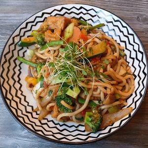Vegan Lana Special Noodle + Tofu: Udon noodles w/ shallots, mixed vegetables, & tofu in homemade spicy sauce at LANA in Ennis