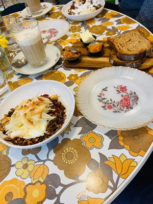 Homemade granola, local wholegrain bread, w home made jams and soy chai latte at Tiffin Cafe in Lisbon
