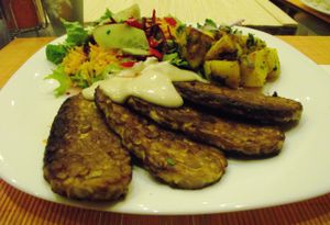 Tender soy tempeh grilled fillets at Kring - Center in Sofia