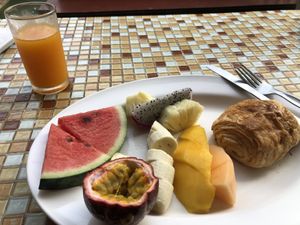 Continental breakfast, fruits, juice, bread or croissant and a coffee   at Da's Home Bakery in Chiang Mai
