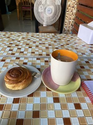 Cinnamon roll with Marsala tea with soy milk   at Da's Home Bakery in Chiang Mai