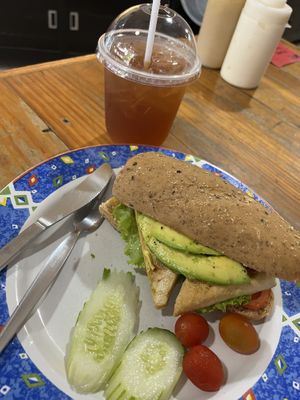 Fried tofu and avocado sandwich and peach iced tea  at Da's Home Bakery in Chiang Mai