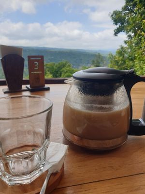 Bajigul- hot tea-like drink of coconut milk infused with palm sugar, ginger, cinnamon and lemongrass at Eco Cafe 2 in Banjar