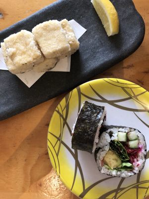 Salt and pepper tofu & an avocado, cucumber, lettuce and beetroot (vegan) roll !  at Kinoko in Byron Bay
