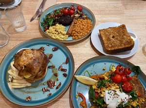 For our brunch we had The Green Olive Breakfast, Spanish Tofu and my personal favourite the banana baecon pancakes. What a wonderful meal we love Green Olive 🥰 at Green Olive in Menai Bridge