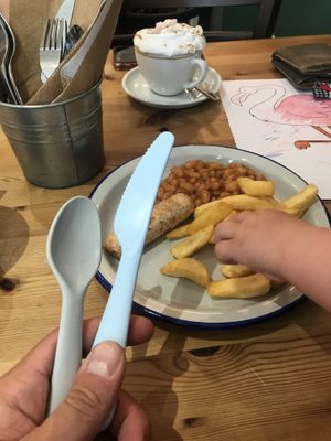 Kids meal with kid friendly cutlery   at Green Olive in Menai Bridge