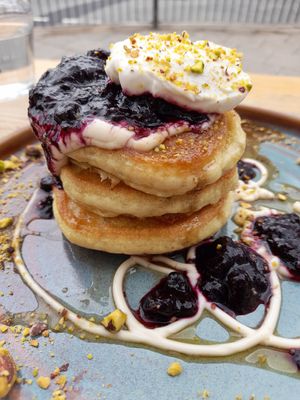 Blueberry-pistacchio-cream-pancakes at Green Olive in Menai Bridge