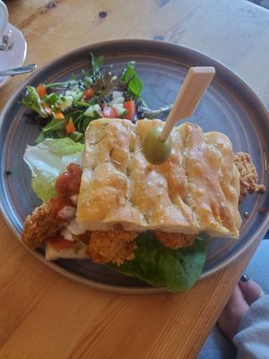 Crispy spicy seitan and avocado foccacia at Green Olive in Menai Bridge