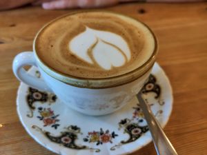 Oat milk cappuccino at Green Olive in Menai Bridge