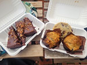 Chococolate, Fudge & Pecan Brownie, Chocolate Chip Cookie and Blueberry Banana Muffins at Green Olive in Menai Bridge