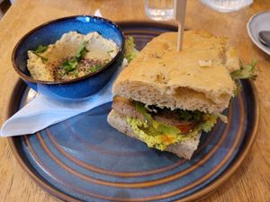 Homemade Hummus and PCT Homemade Foccacia Sandwich at Green Olive in Menai Bridge