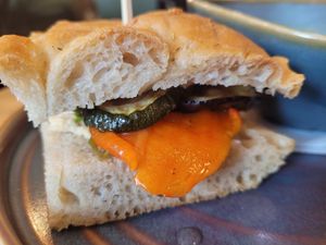 Roasted Vegetable and Homemade Hummus Foccacia Sandwich at Green Olive in Menai Bridge