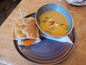 Roasted Vegetable and Homemade Hummus Foccacia Sandwich with Spiced Cauliflower Soup at Green Olive in Menai Bridge