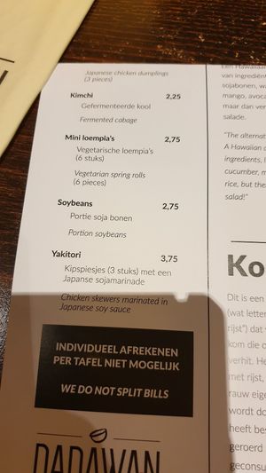 Menu - the soybeans are vegan at Dadawan in Maastricht