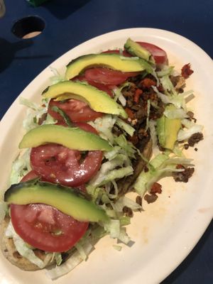 Huaraches combinados(with a masa bread base)  at El Veganito Mixe in San Luis Potosi