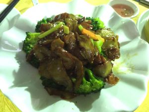 Braised vegetarian BBQ pork with broccoli, ¥38 at Fo You Yuan Vegetarian 佛有缘素食馆 in Guangzhou