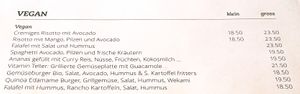 Vegan section of menu at Turm in Zurich