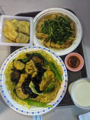 Bean curd with spinach, Lohan noodles, deep fried tofu, cold soymilk at Ji Xiang Vegetarian Cuisine in Richmond