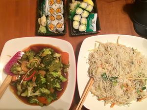 Broccoli Stir Fry, Mei Fan, Avocado roll, and sweet potato roll. at Capitol Corner in Ithaca