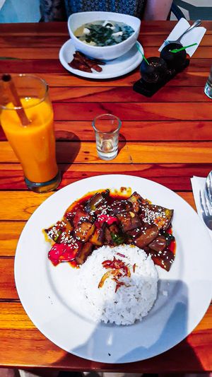 Moringa-Leaf soup, Black Pepper Eggplant & Jamu at Baliku in Ubud