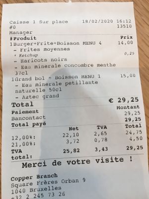 Reciept at Copper Branch - Frères Orban in Brussels