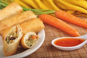 Pacific Thai Vegan Fried Spring Rolls filled with shitake mushroom, black fungus, mung bean noodles, carrots, cabbage and celery.  Served with Pacific Thai Plum Sauce. at Pacific Thai in Santa Cruz