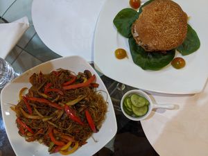 Lentil walnut burger and Noodles at Bliss. in Hurghada