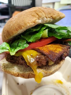Impossible burger with eggplant bacon at NomBucket in West Palm Beach