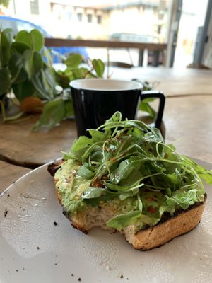 Avocado toast with a little spice (red pepper flakes) at Captain + Stoker in Monterey