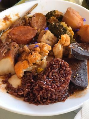 Plato completo con arroz rojo, verduras estofadas y seitán.  at Joapira in El Hierro