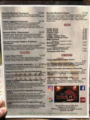 menu at The Brick in Hoboken