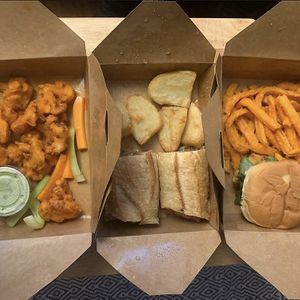 Cauliflower buffalo bites, eggplant parm w/ roasted potatoes and buttermilk “chicken” sandwich at Northern Soul in Hoboken