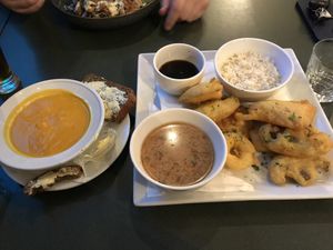Soup of the day (carrot ginger), tempura main (with miso and rice)  at Careys Bay Historic Hotel in Dunedin