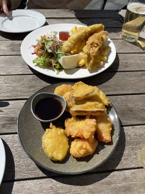 Vegan fish and chips, and veggie tempura - both off the vegan menu   at Careys Bay Historic Hotel in Dunedin
