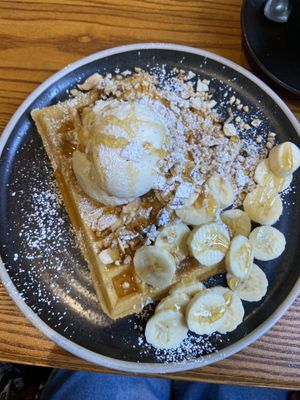 Mixed nut waffle with vegan ice cream and banana  at The Waffle House in Norwich