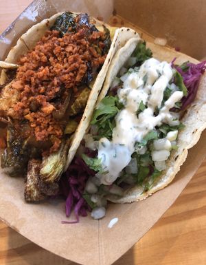 Left brussel sprout and soyrizzo taco Right potato taco both made as vegan.  at Renegade Taco in Garden Grove