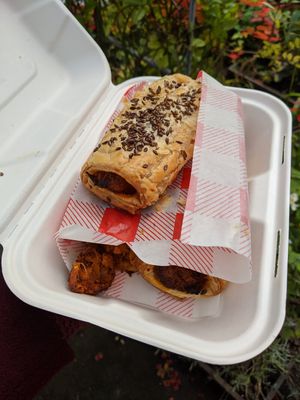 Take away hot vegan sausage rolls (taste more like vegan spiced sweet potato pasties) at The Wonder Spot in Edinburgh
