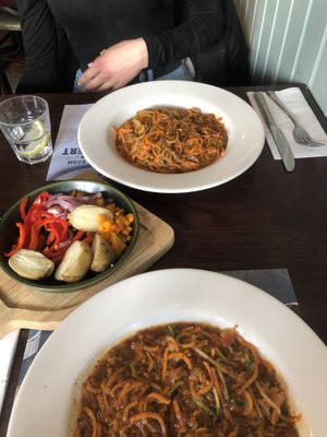 vegan lenticchie spirali and a side of roasted veg at Bella Italia in Stratford-upon-avon