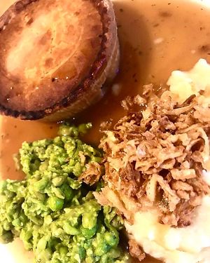 Pie, mash and peas (gf) at Tom's Diner in Banbury