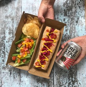 Hot dog and beer! (0% abv, gf, nf)  at Tom's Diner in Banbury