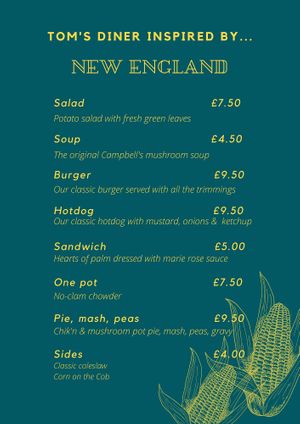 September 2020 menu at Tom's Diner in Banbury