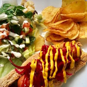 Hot dog NYC style with Waldorf side  at Tom's Diner in Banbury