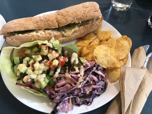 Lobstah roll. Very nice, reasonable approximation. Not fishy tasting 😊 nicely tangy with dill and capers
I’m not a huge fan of gf Bread but as that goes this sub was certainl at Tom's Diner in Banbury