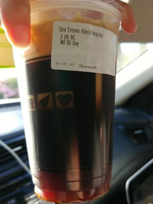 Sea Cream Black Coffee no cream, add soy: This is the only coffee option that can be  vegan.. Our order at 7 Leaves Cafe - Saratoga Ave in San Jose