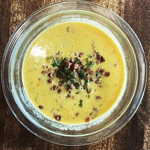 Vegan cheeseburger soup.  Everyone needs to try this   at Sweet Soul Bakery in St James