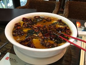 This soup is really spicy but also really delicious.  at Shan Ding Dong Ren - Caveman Vegetarian Teahouse in Dongguan