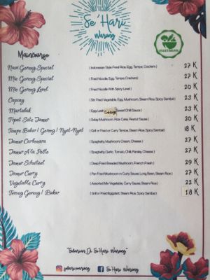 vegetarian menu  at Se'Hari Warung in Ubud