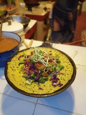 gluten free vietnamese crepe with massaman curry, nut seeds and salad at Street Vegan House in Koh Phangan
