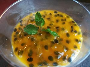 Pannacotta with passion fruit coulis  at Street Vegan House in Koh Phangan